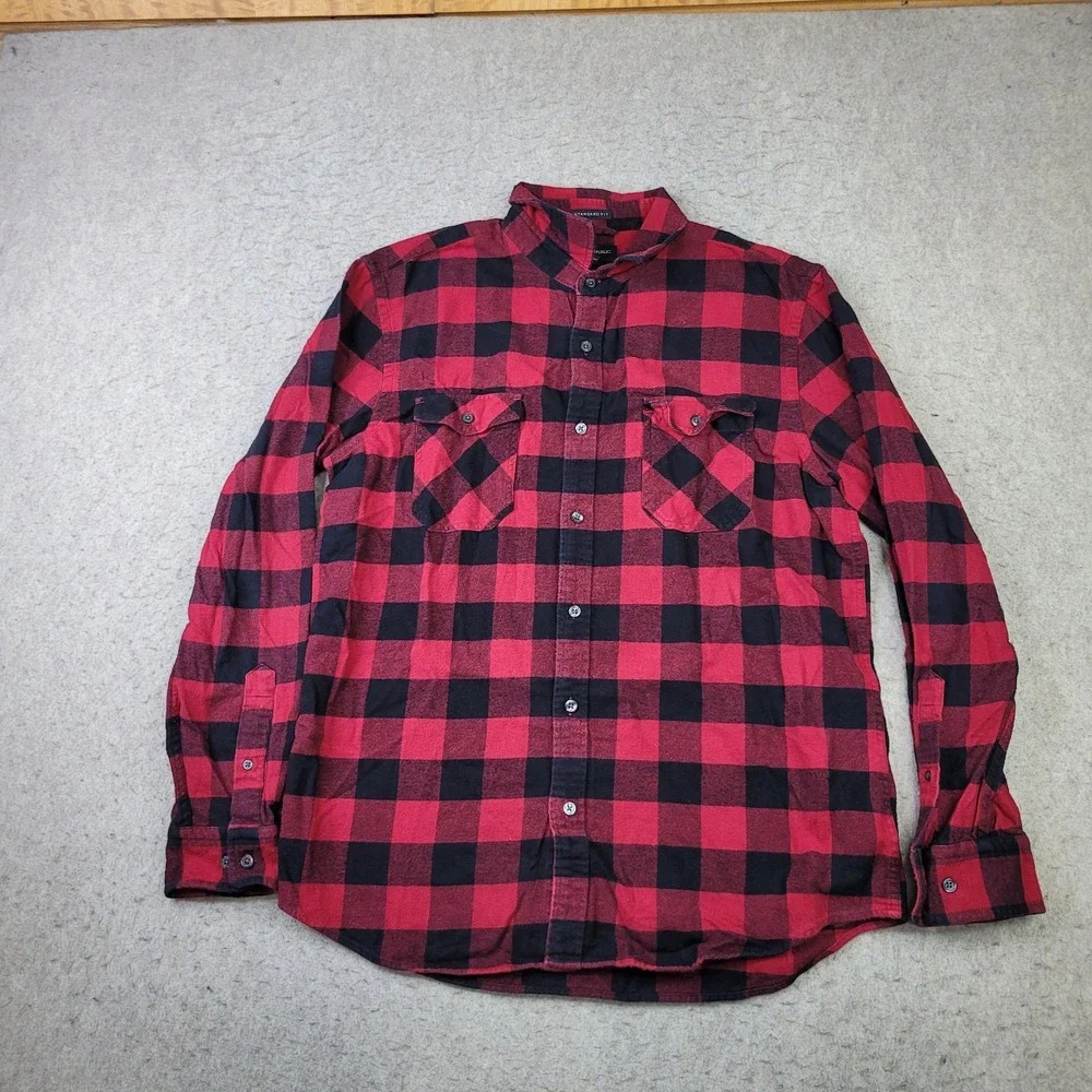 Banana Republic Standard Fit Shirt Men L Red Buffalo Check Long Sleeve Button Up
